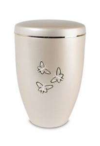 Metall urna 'Fjärilar' crèmevit med dekorativt band i guldfärg