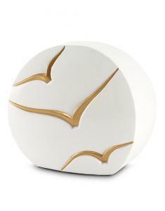 Urna i keramik vit med guldfåglar
